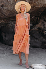 Ballard Cotton Blend Pocketed Tiered Midi Dress - Papaya