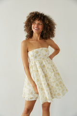 Yellow Floral Strapless Babydoll Mini Dress