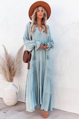 Bowdan Tiered Boho Maxi Dress - Soft Blue