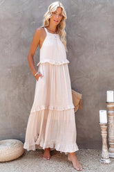 Brave Soul Pocketed Halter Maxi Dress - Champagne
