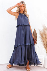 Brave Soul Pocketed Halter Maxi Dress - Navy