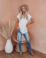 White Linen Blend Button Down Top