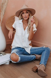 White Linen Blend Button Down Top