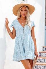 Blue Carolina Floral Button Down Babydoll Dress