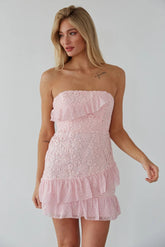 Pink Crochet Flower Strapless Mini Dress