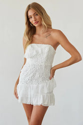 White Crochet Flower Strapless Mini Dress