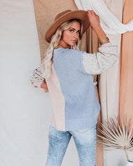 Change Of Heart Two-Tone Knit Leopard Sweater - Dusty Blue/ Cream