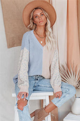 Change Of Heart Two-Tone Knit Leopard Sweater - Dusty Blue/ Cream