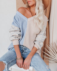 Change Of Heart Two-Tone Knit Leopard Sweater - Dusty Blue/ Cream