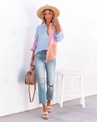 Cindy Cotton Colorblock Button Down Top - Blue Multi