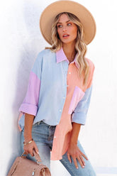 Cindy Cotton Colorblock Button Down Top - Blue Multi
