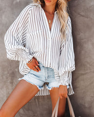 Coachella Valley Pocketed Striped Button Down Top - Off White