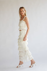 Beige Crochet Top and Maxi Tiered Skirt Matching Sets