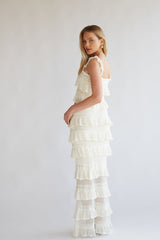 Beige Crochet Top and Maxi Tiered Skirt Matching Sets