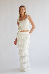 Beige Crochet Top and Maxi Tiered Skirt Matching Sets