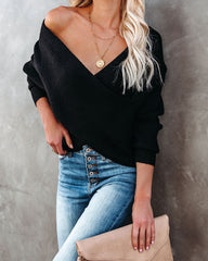 Crossover Ribbed Knit Sweater - Black