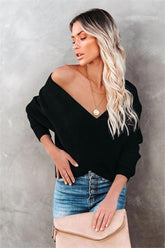 Crossover Ribbed Knit Sweater - Black