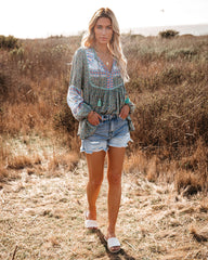 Deep Water Floral Tassel Top