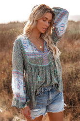 Boho Deep Water Floral Tassel Top