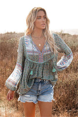 Boho Deep Water Floral Tassel Top