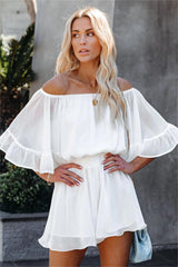Definitely Demure Off The Shoulder Chiffon Romper - White