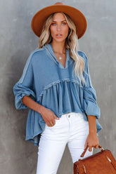 Drue High Low Ruffle Knit Hoodie - Sea Blue