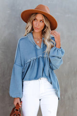 Drue High Low Ruffle Knit Hoodie - Sea Blue