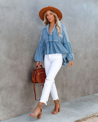 Drue High Low Ruffle Knit Hoodie - Sea Blue