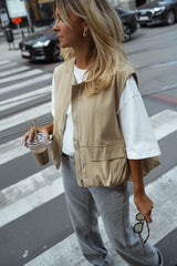 Beige Front Zipper Placket Vest