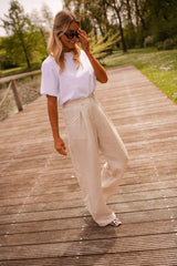 Beige Wide-Leg Linen Pants