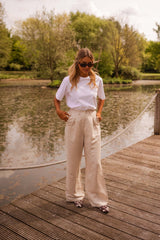 Beige Wide-Leg Linen Pants