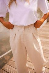 Beige Wide-Leg Linen Pants