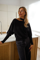 Black Open Collar Knit Sweater