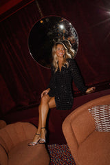 Black Sequined Waist-Tie Mini Dress