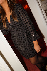 Black Sequined Waist-Tie Mini Dress