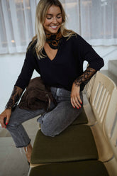 Black Crochet Lace Cuff Knit Sweater