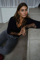 Black Lace Cuff Knit Sweater