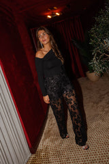 Black Floral Mesh Pants
