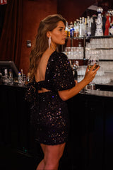 Black Sequined Back Bowtie Dress