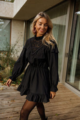 Black Lace Yoke Long Sleeves Mini Dress