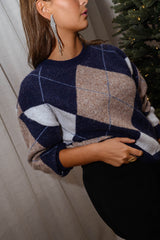 Blue Khaki Patterned Knit Sweater