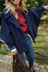 Navy Blue Notched Lapel Woolen Coat
