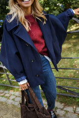 Navy Blue Notched Lapel Woolen Coat