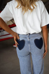 Blue Heart-Shaped Pockets Denim Jeans