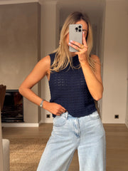 Navy Blue Crochet Knit Tank Top