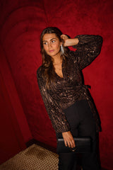 Brown Sequined Waist-Tie Blouse