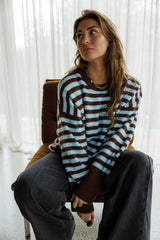 Blue Striped Drop Shoulder Knit Sweater