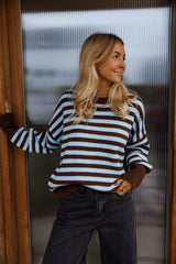 Blue Striped Drop Shoulder Knit Sweater