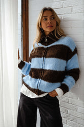 Brown and Blue Striped Knit Cardigan