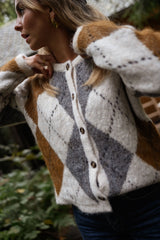 Brown Checkered Print Button Down Cardigan